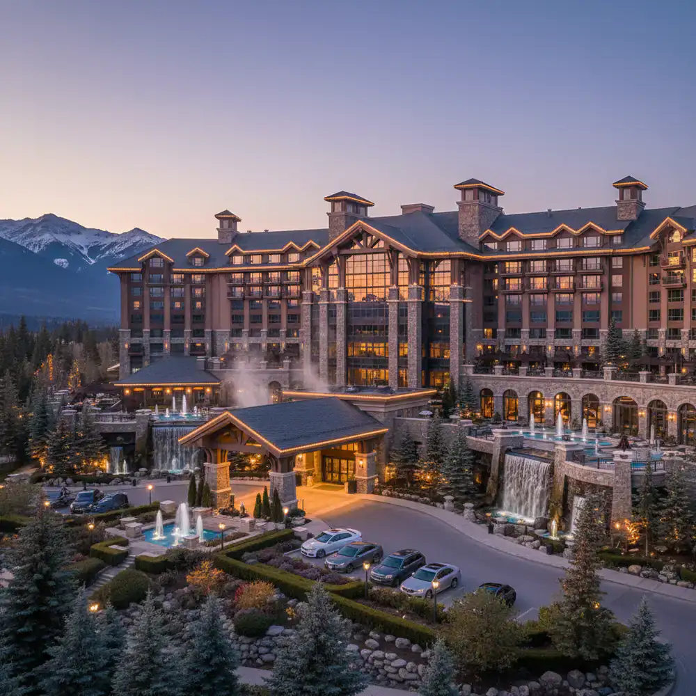Luxurious casino resort exterior at dusk in Canada
